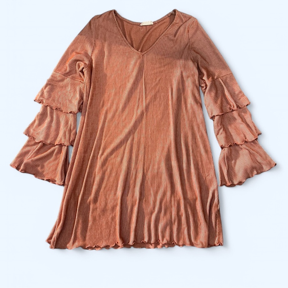 Altar’d State Women Tiered Ruffled Sleeve Burnt Orange Striped MIDI Dress Sz Sm